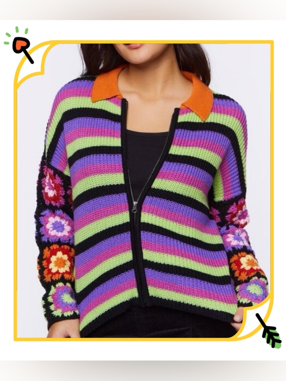 Forever 21 Rainbow Granny Square Knit Crochet Zip Sweater Sz S Boho Retro
